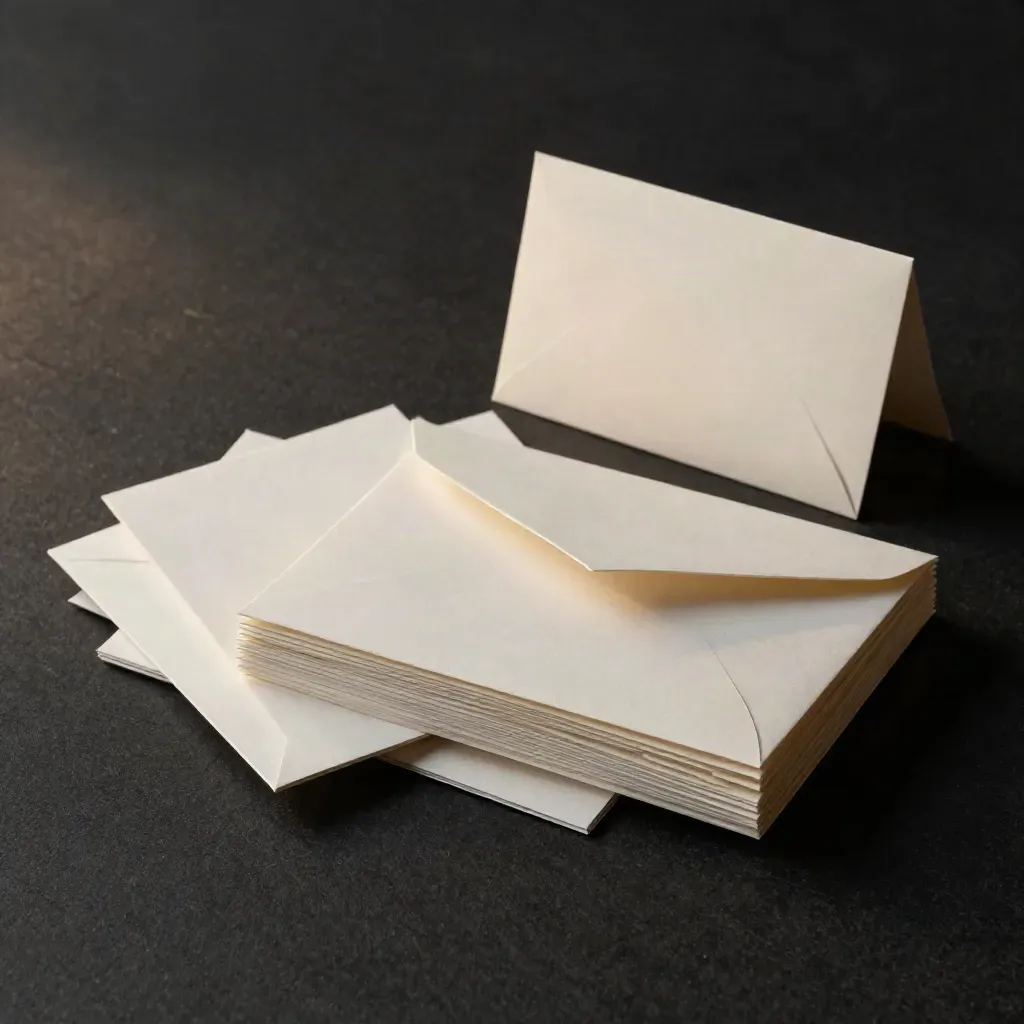 Citation-building pack with address cards and envelopes on dark felt under dramatic studio light.