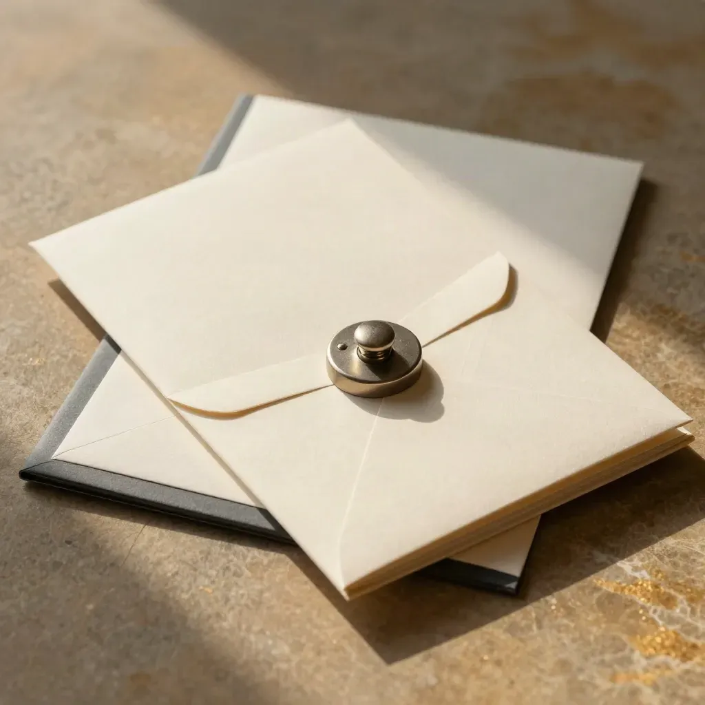 Review reply kit with booklet, envelopes and seal block on stone surface