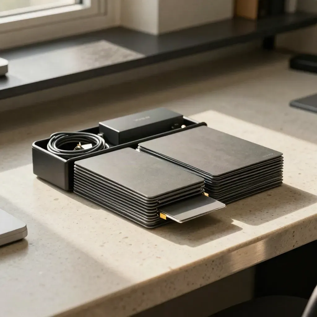 Graphite SEO audit kit on travertine with cables, tabs, and matte check box