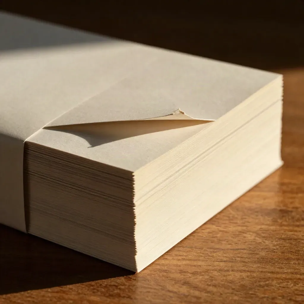 Cream photo pack sleeves fanned on warm walnut, top-down macro with soft paper band.