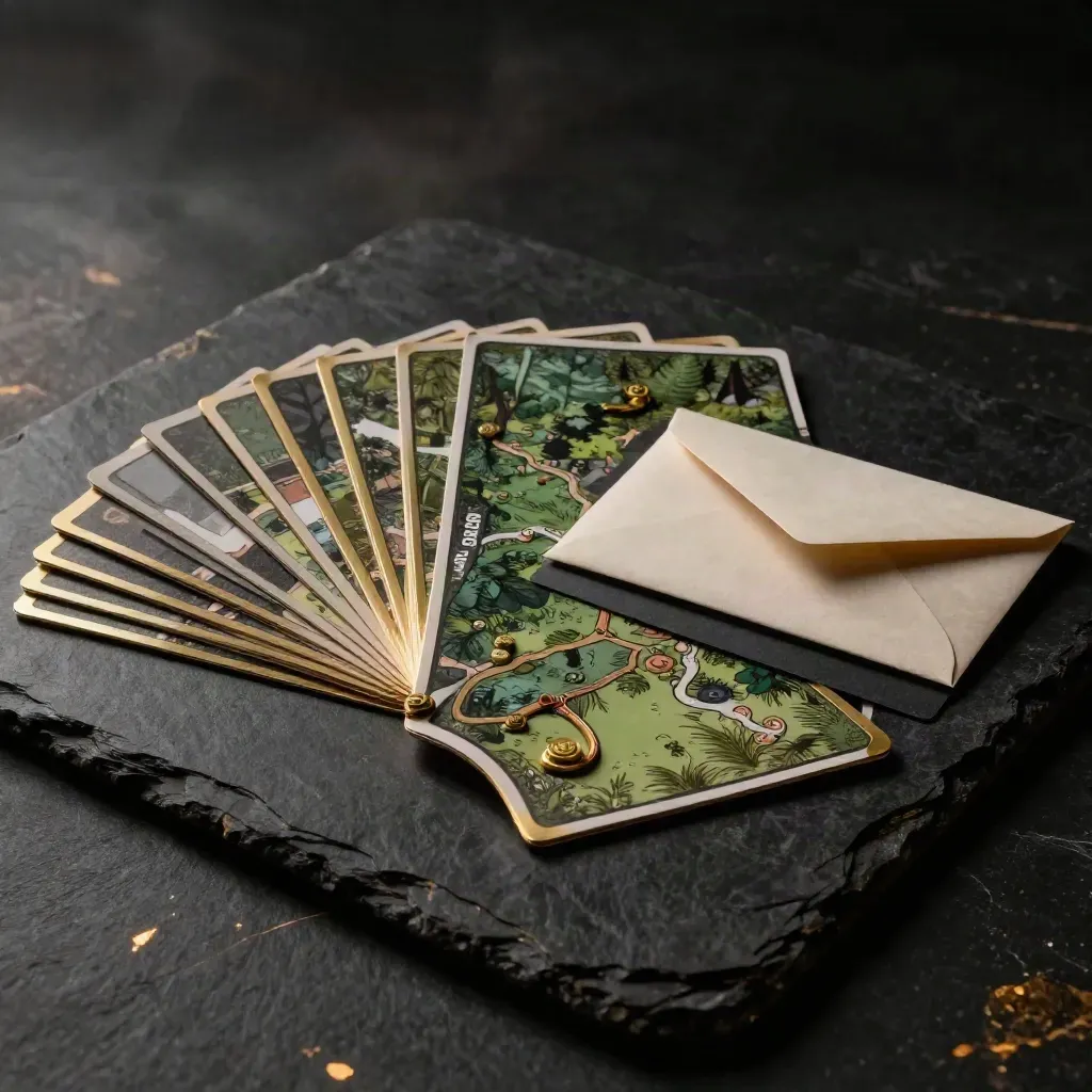 Forest-green SEO bundle with route cards, marker tokens and a sealed envelope on dark stone.