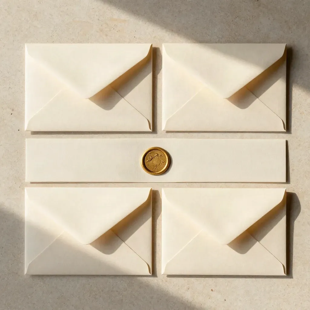 Overhead flatlay of ivory review-request envelopes, folded card, and warm gold seals on stone.