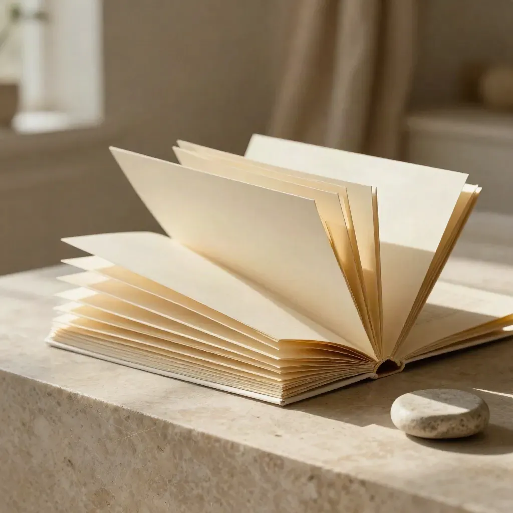Cream landing-page folder open on limestone with stone weight, soft haze and warm side light.
