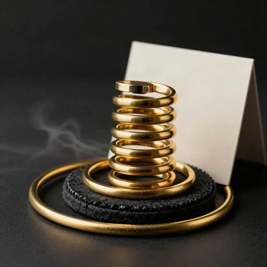 Brass call-tracking kit with coiled cables on dark felt, lit in a dramatic studio close-up.