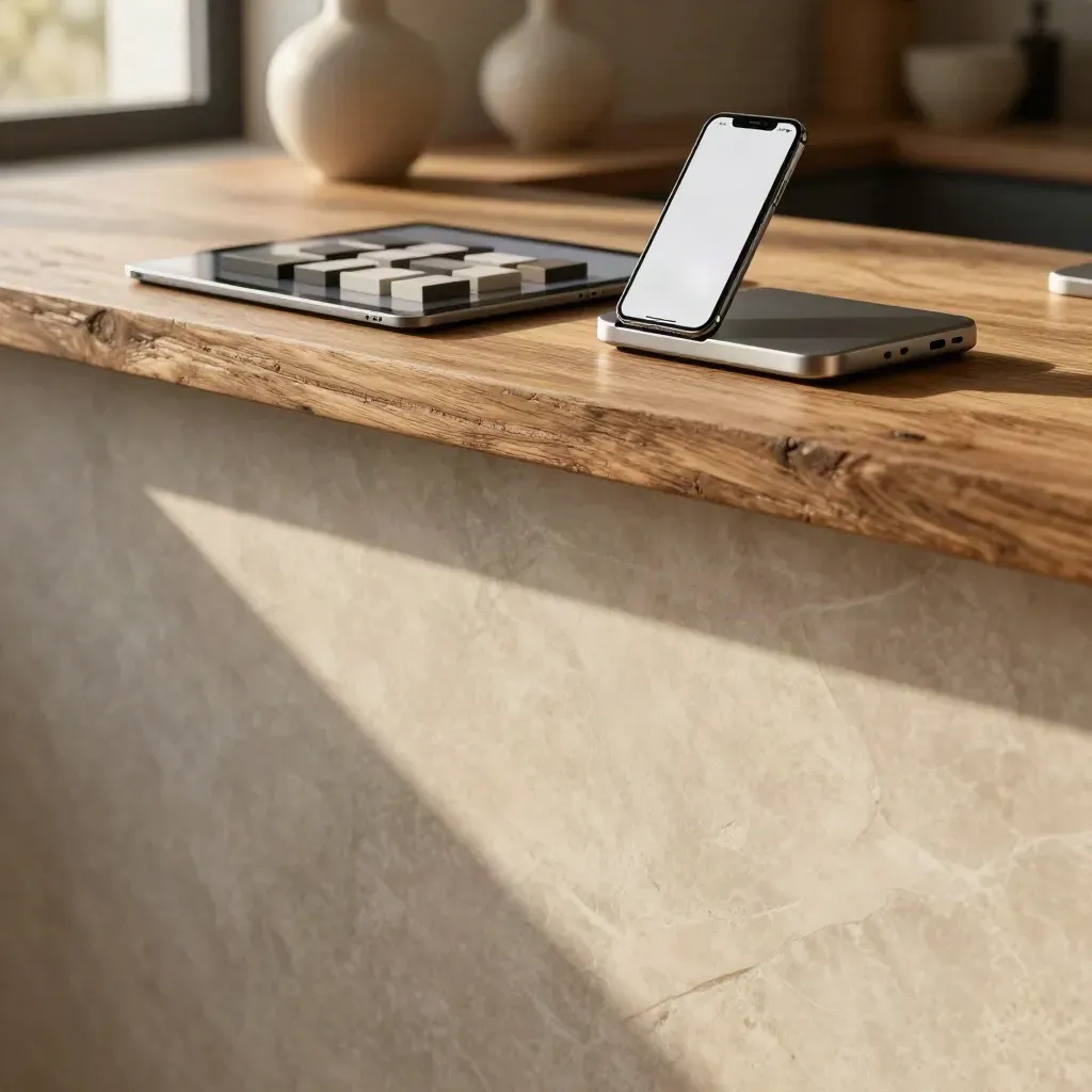 Marble plinth with tablet and phone in warm morning light, calm copy space below