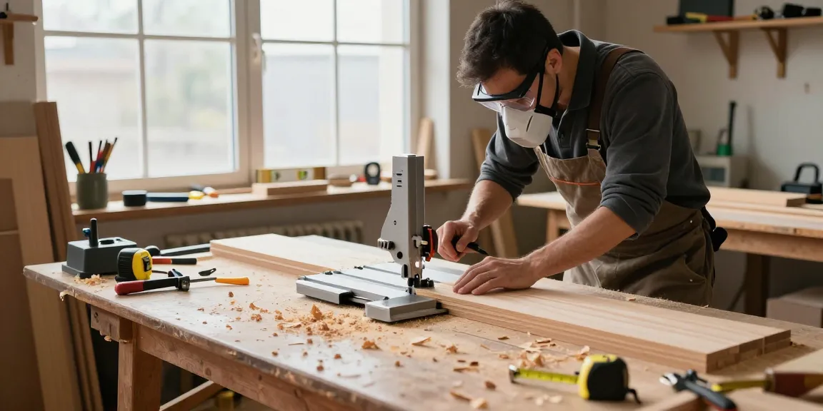 Professional carpenter using a table mitre saw in a well-lit workshop